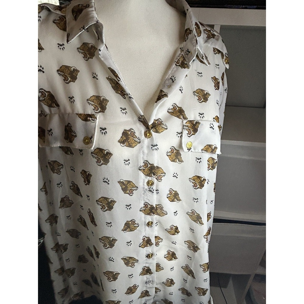 Paper Tee Leopard Print Size Medium Sheer Long Sleeve‎ Button Down White Blouse